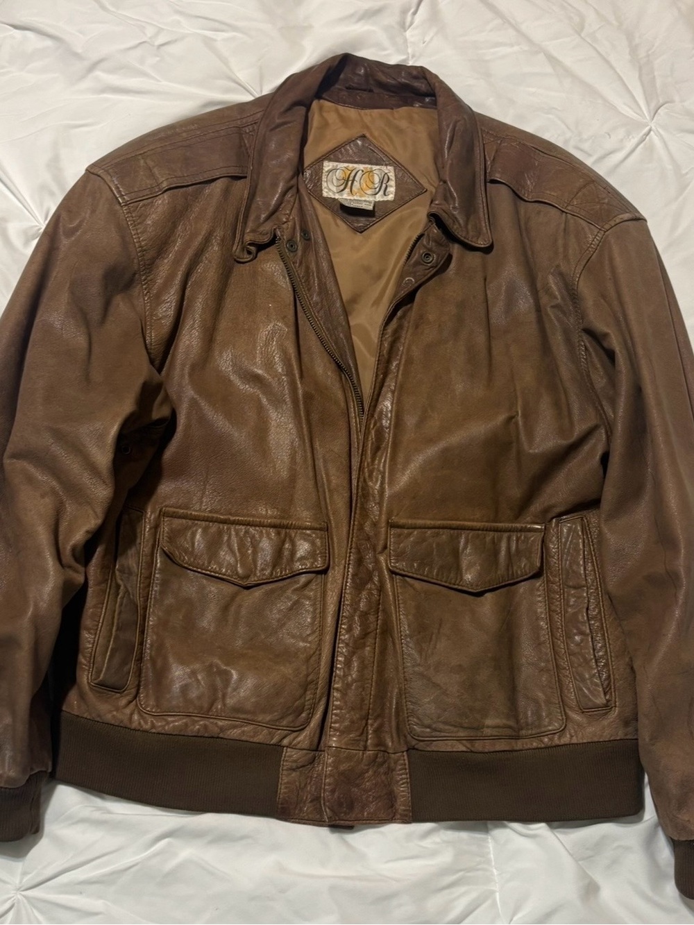 Brown Leather Bomber Jacket - Unbranded